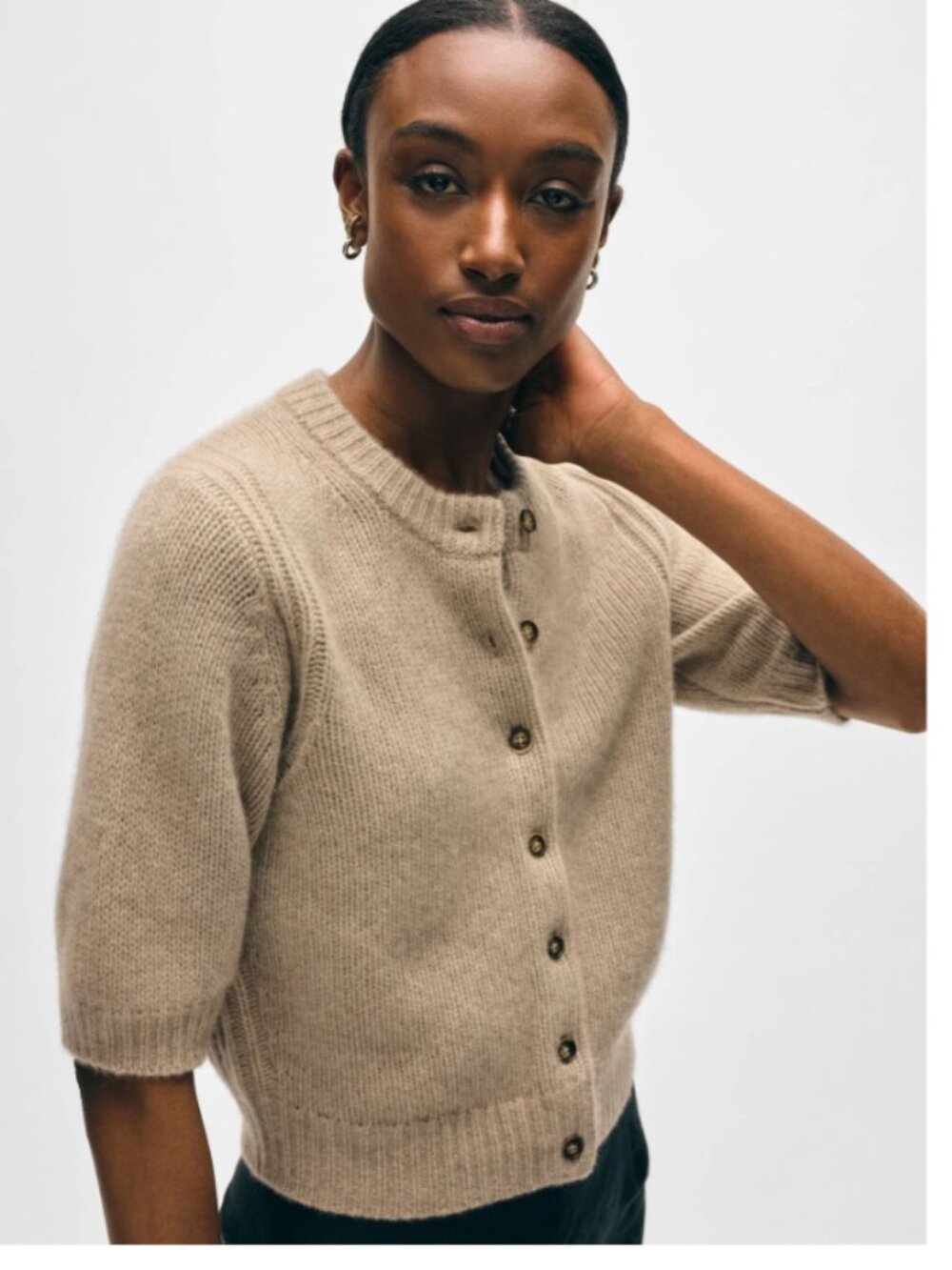 NEW White + Warren Cashmere Elbow Sleeve Cardigan Brown - Picture 3 of 7